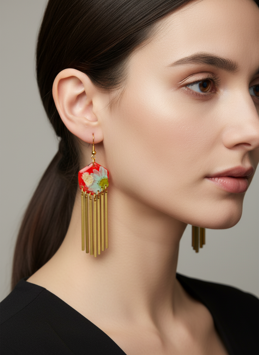 Hexagon floral polymer clay with brass fringe dangle hardware.