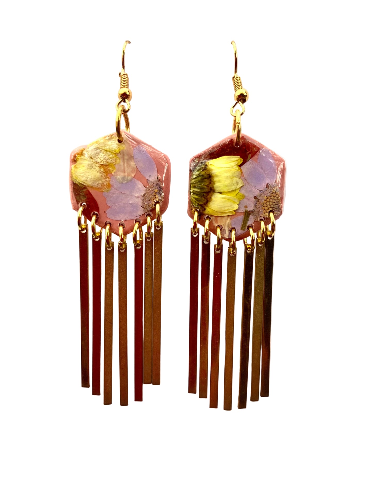 Hexagon floral polymer clay with brass fringe dangle hardware.