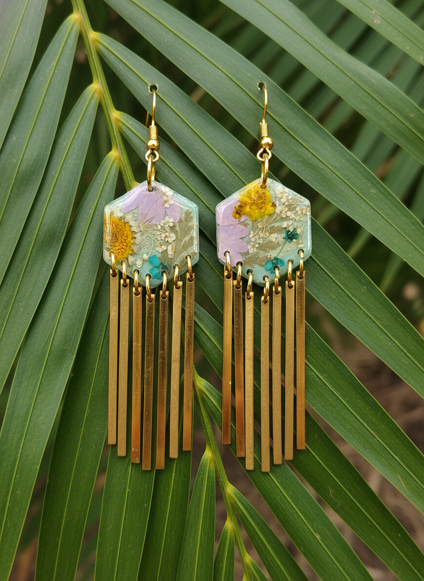 Hexagon floral polymer clay with brass fringe dangle hardware.