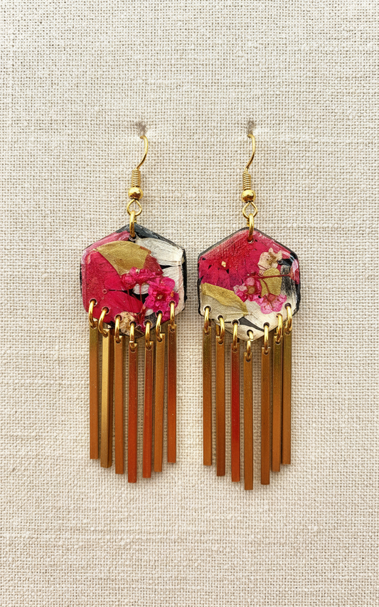Hexagon floral polymer clay with brass fringe dangle hardware.