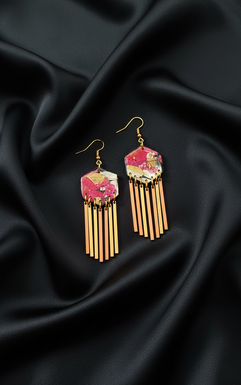 Hexagon floral polymer clay with brass fringe dangle hardware.