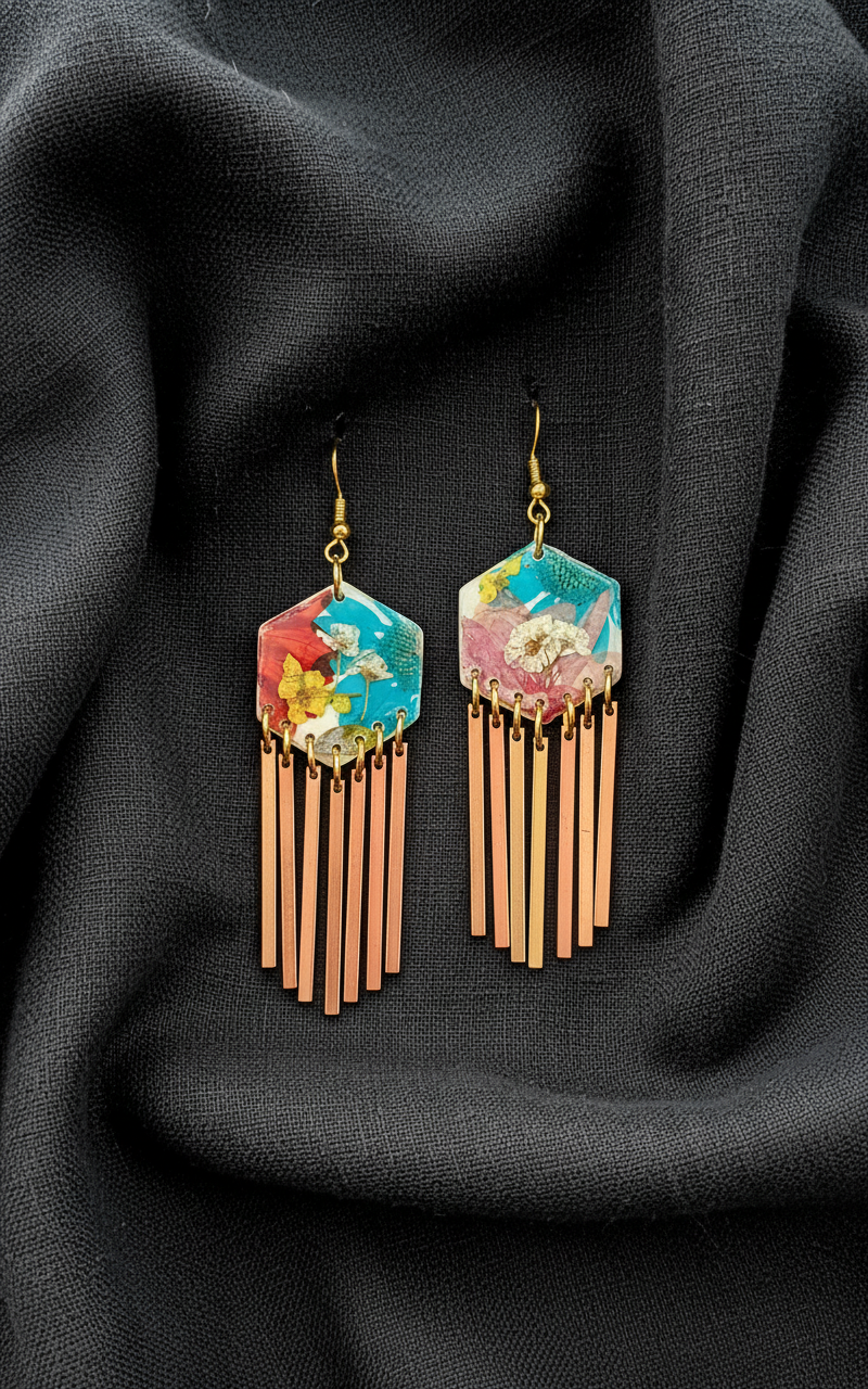 Hexagon floral polymer clay with brass fringe dangle hardware.