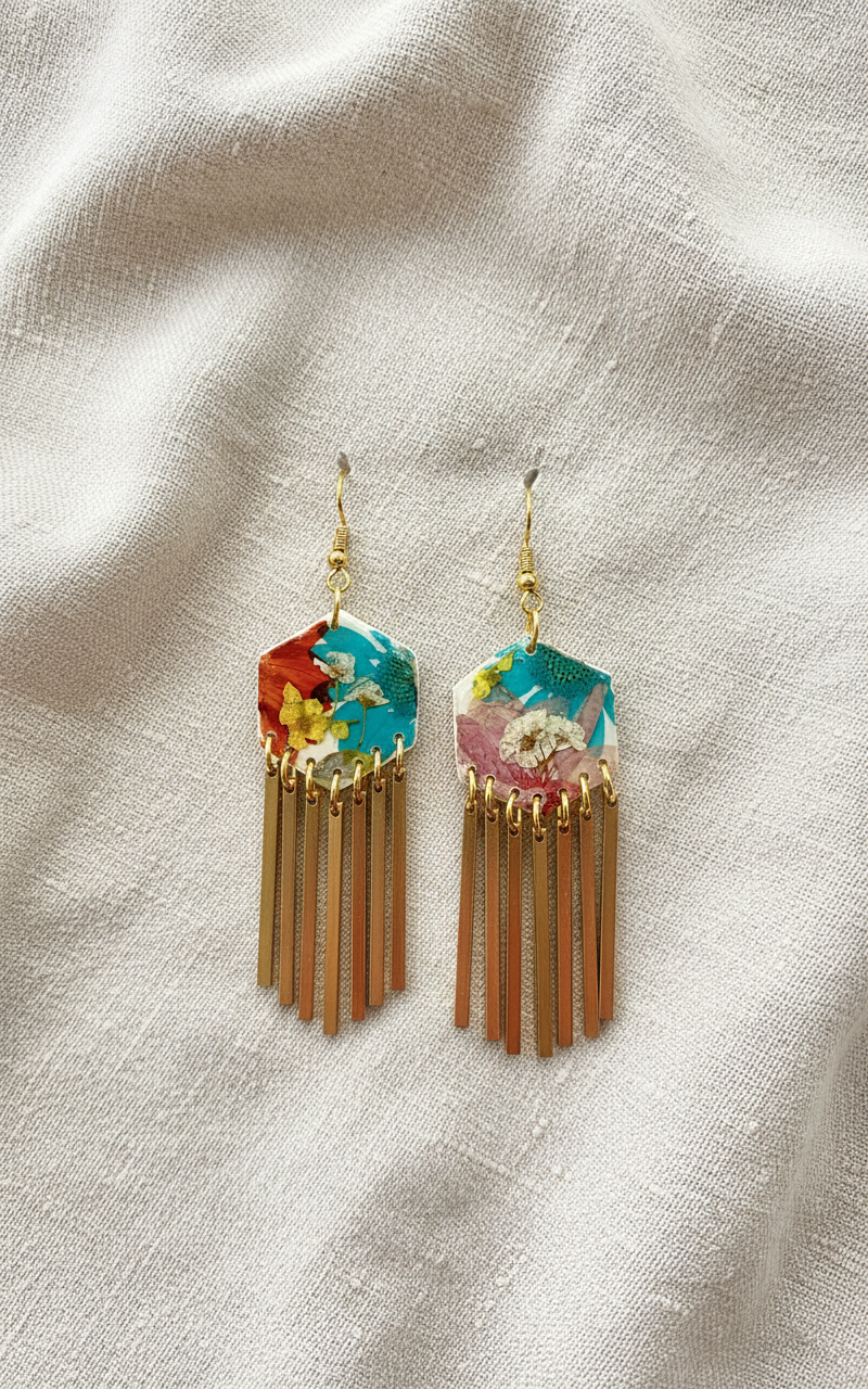 Hexagon floral polymer clay with brass fringe dangle hardware.