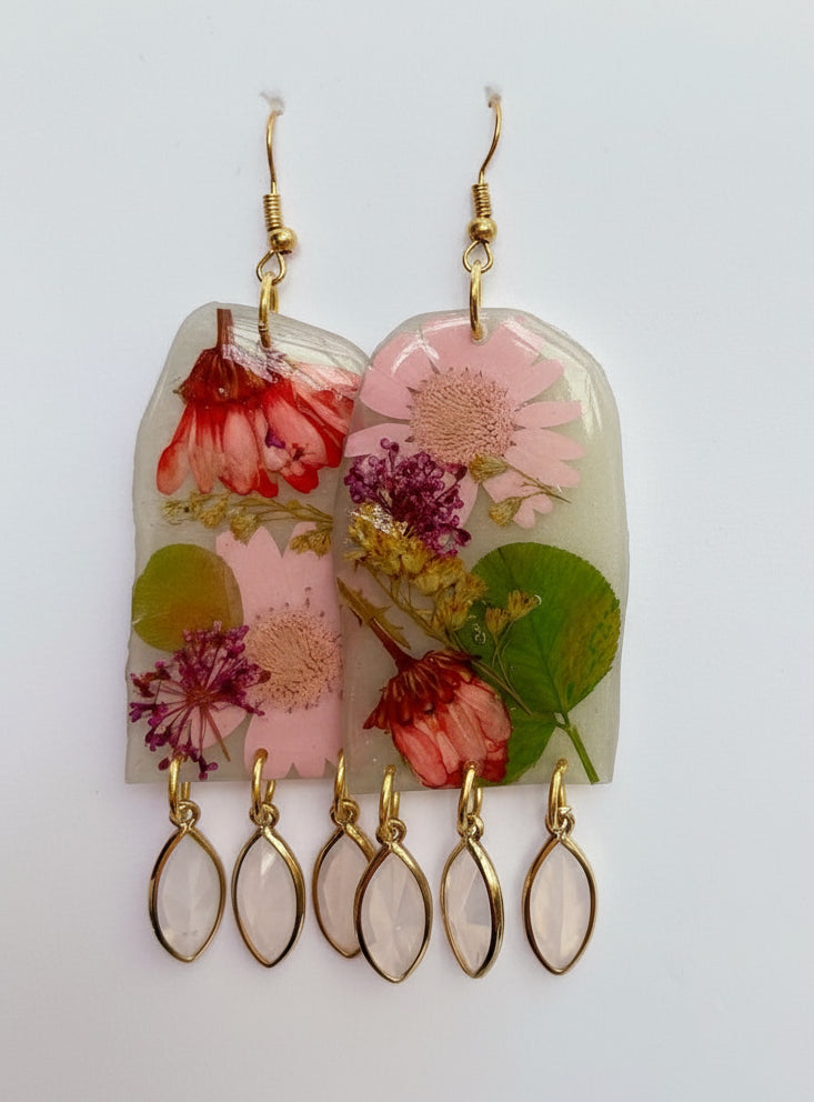 Floral earrings with gold accents on a translucent background