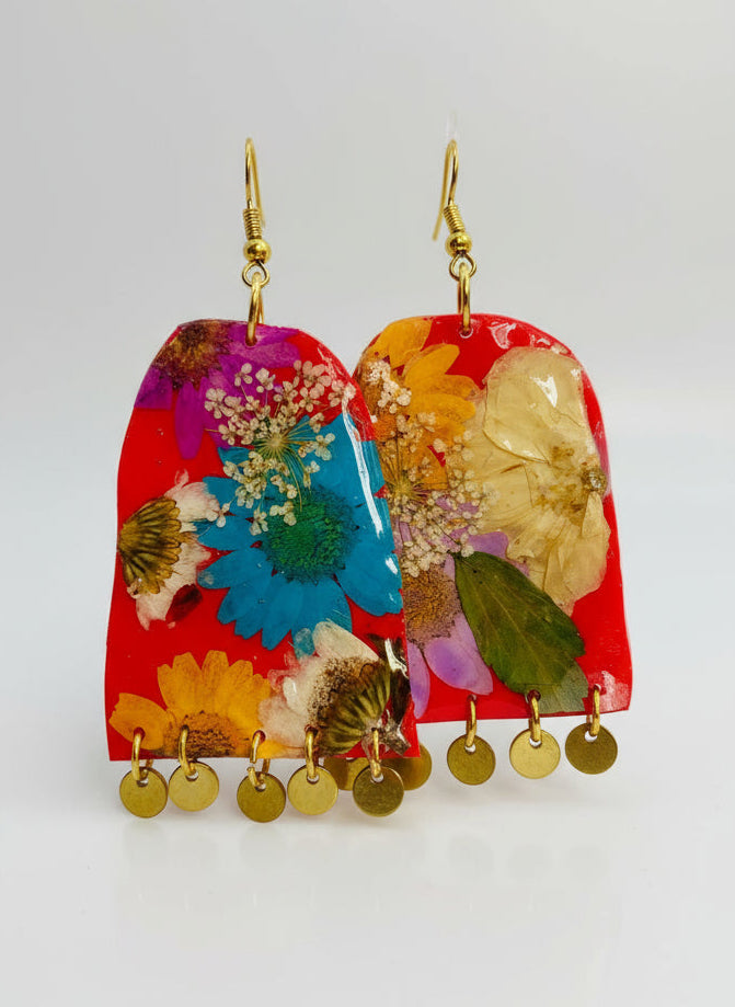 Floral Flower Fringe Organic Arch Red Polymer Clay Multi Color Dangle with gold discs