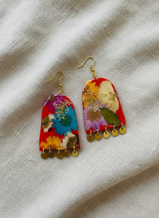 Floral Flower Fringe Organic Arch Red Polymer Clay Multi Color Dangle with gold discs