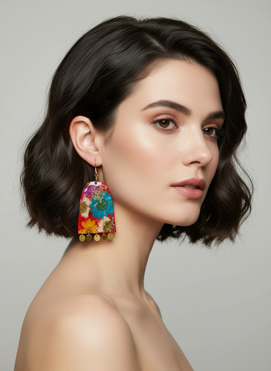 Floral Flower Fringe Organic Arch Red Polymer Clay Multi Color Dangle with gold discs