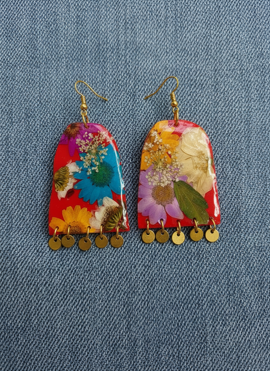 Floral Flower Fringe Organic Arch Red Polymer Clay Multi Color Dangle with gold discs