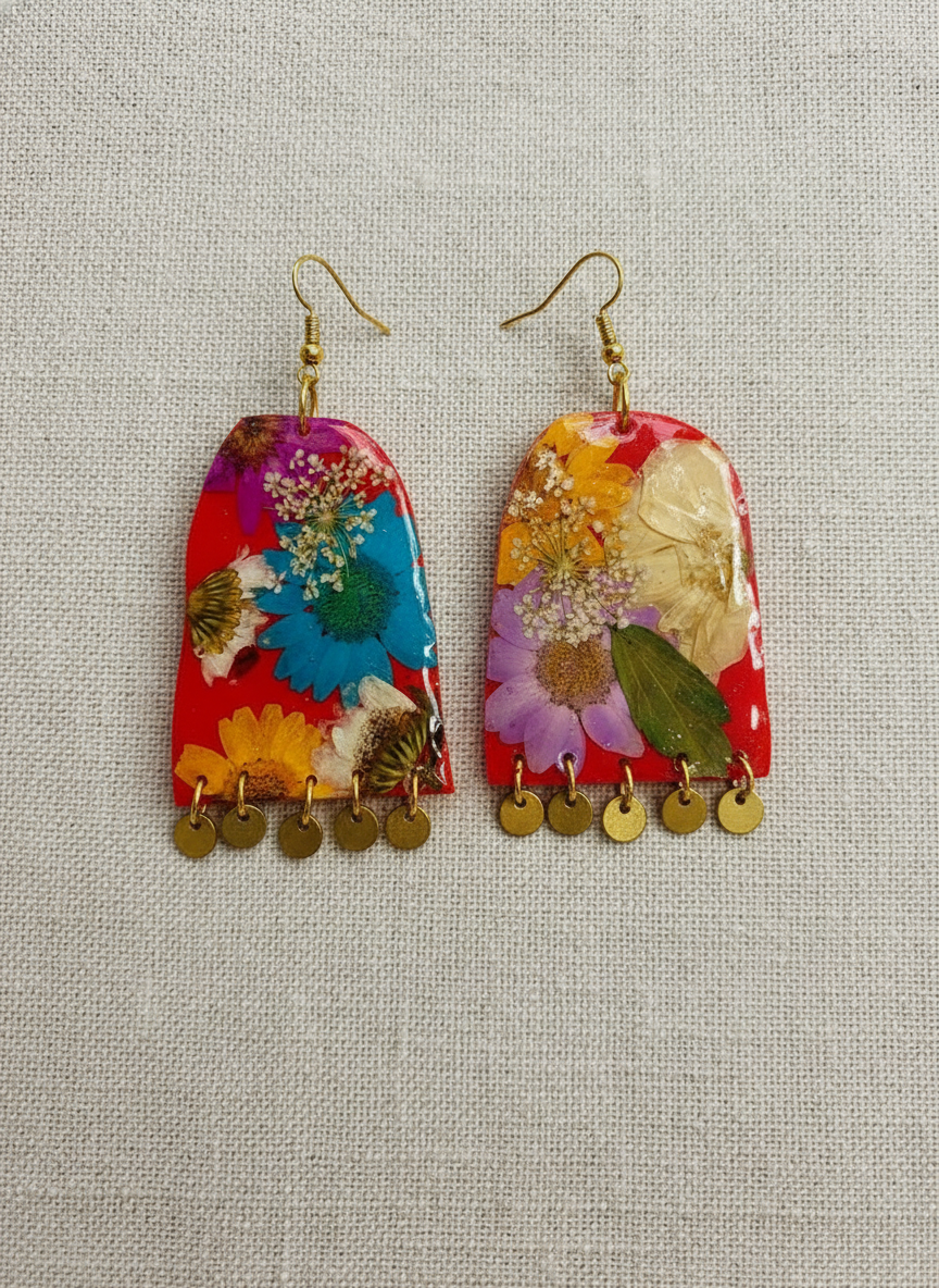 Floral Flower Fringe Organic Arch Red Polymer Clay Multi Color Dangle with gold discs