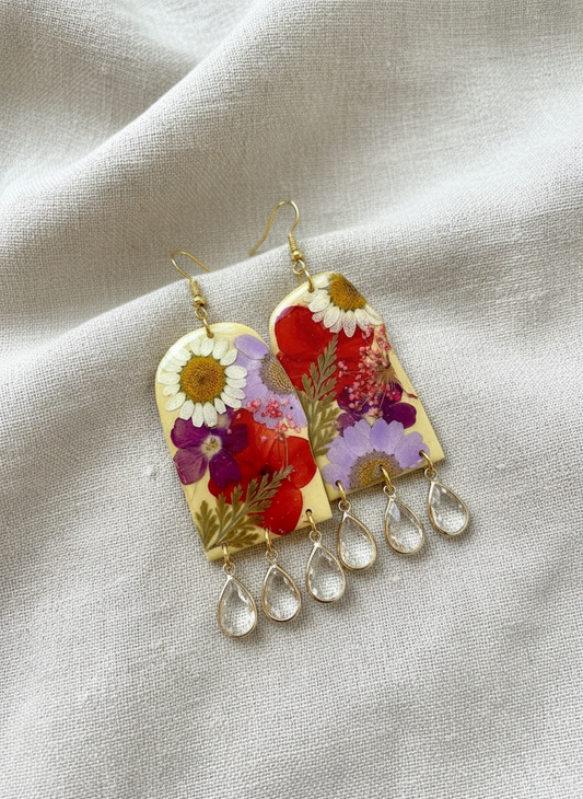 Floral Flower Fringe Organic Arch Yellow dangle with gems