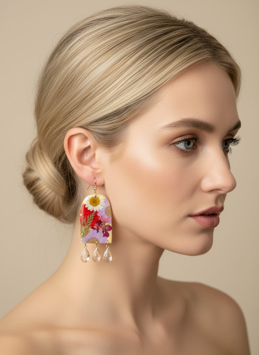 Floral Flower Fringe Organic Arch Yellow dangle with gems