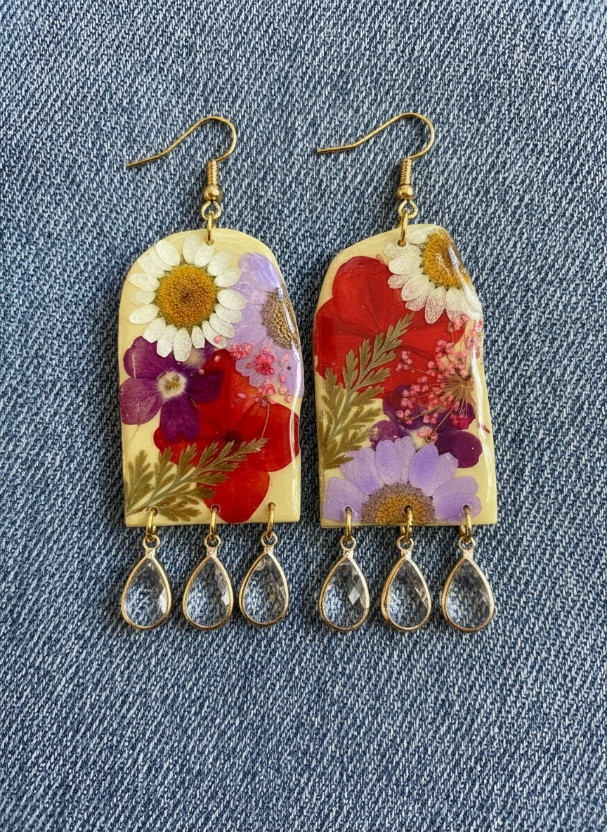 Floral Flower Fringe Organic Arch Yellow dangle with gems