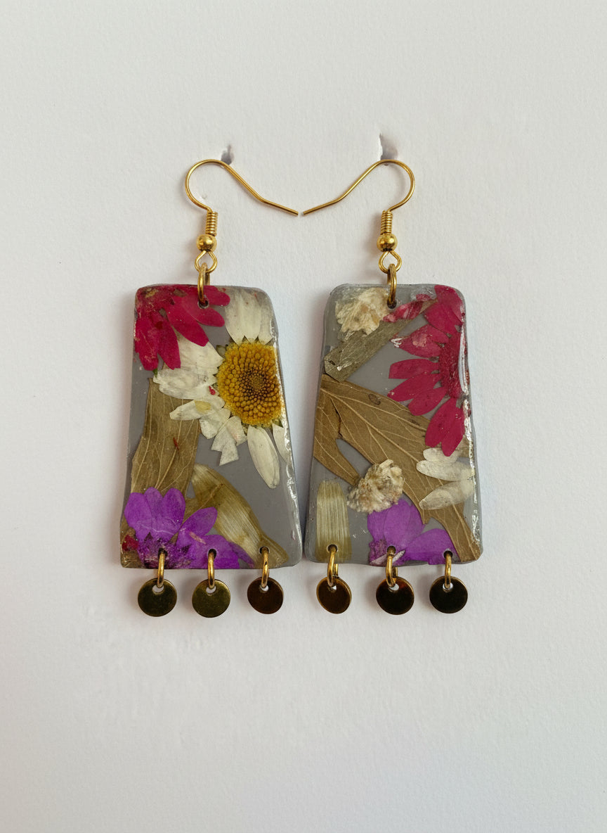Floral Flower Organic Trapezoid Grey Polymer Clay with Brass Discs Fringe