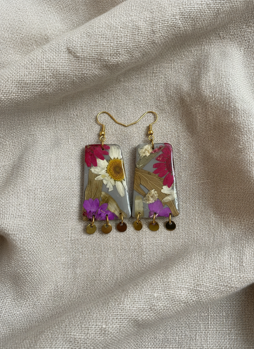 Floral Flower Organic Trapezoid Grey Polymer Clay with Brass Discs Fringe