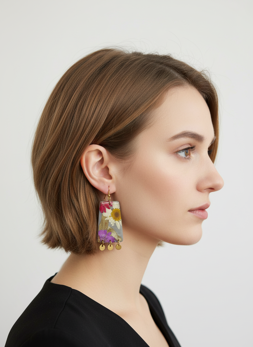 Floral Flower Organic Trapezoid Grey Polymer Clay with Brass Discs Fringe