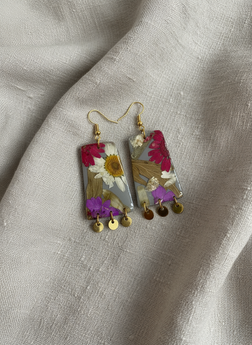 Floral Flower Organic Trapezoid Grey Polymer Clay with Brass Discs Fringe