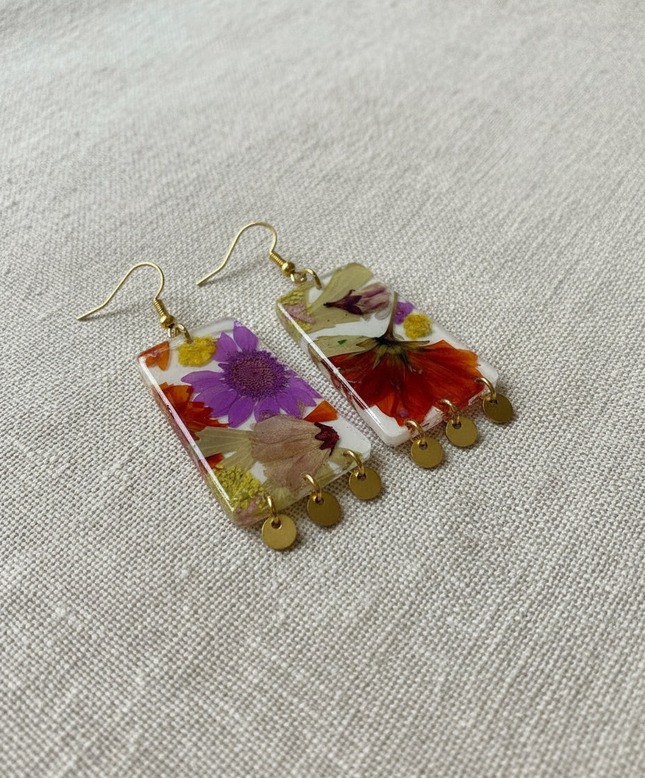 Floral Flower Organic Trapezoid White Polymer Clay with Brass Discs Fringe