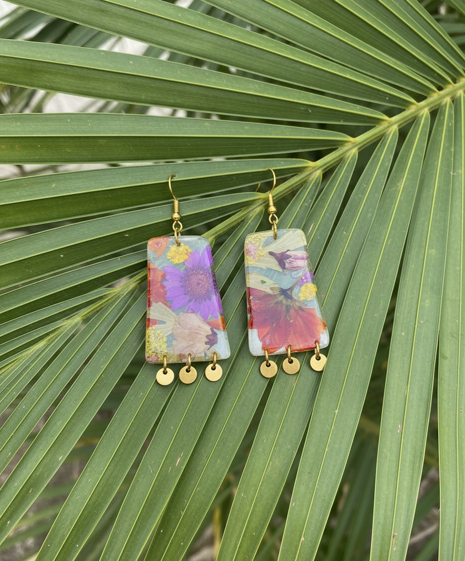 Floral Flower Organic Trapezoid White Polymer Clay with Brass Discs Fringe