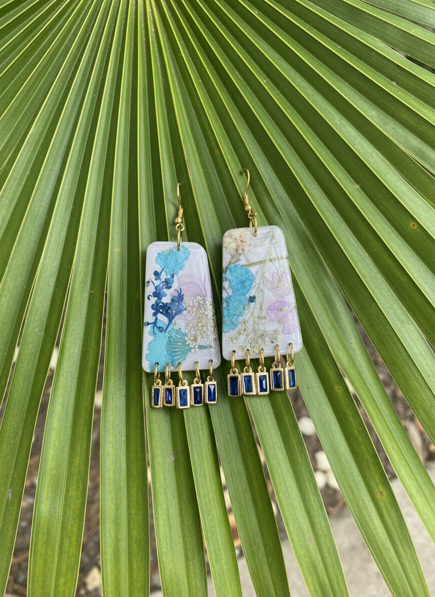 Floral Flower Organic Trapezoid Lavender Polymer Clay with Blue Gems Fringe