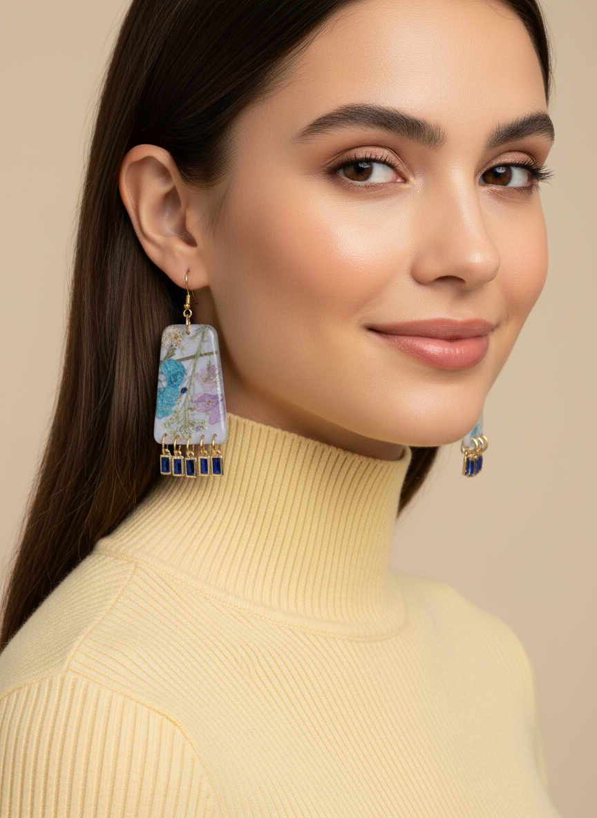 Floral Flower Organic Trapezoid Lavender Polymer Clay with Blue Gems Fringe