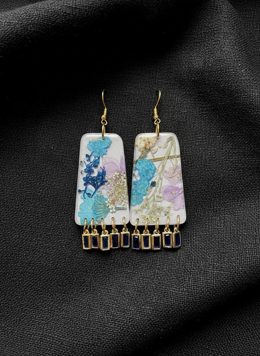 Floral Flower Organic Trapezoid Lavender Polymer Clay with Blue Gems Fringe
