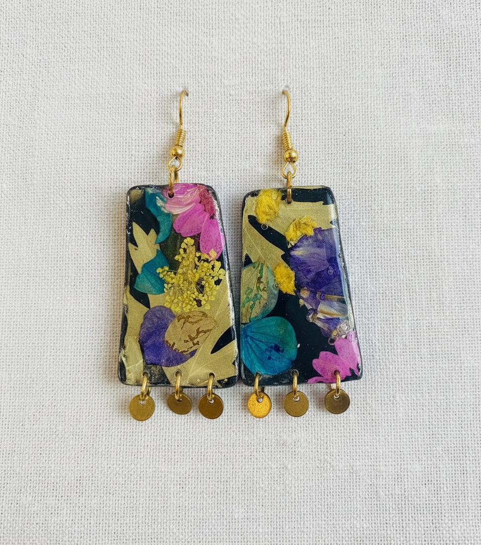 Floral Flower Organic Trapezoid Black Polymer Clay with Brass Discs Fringe