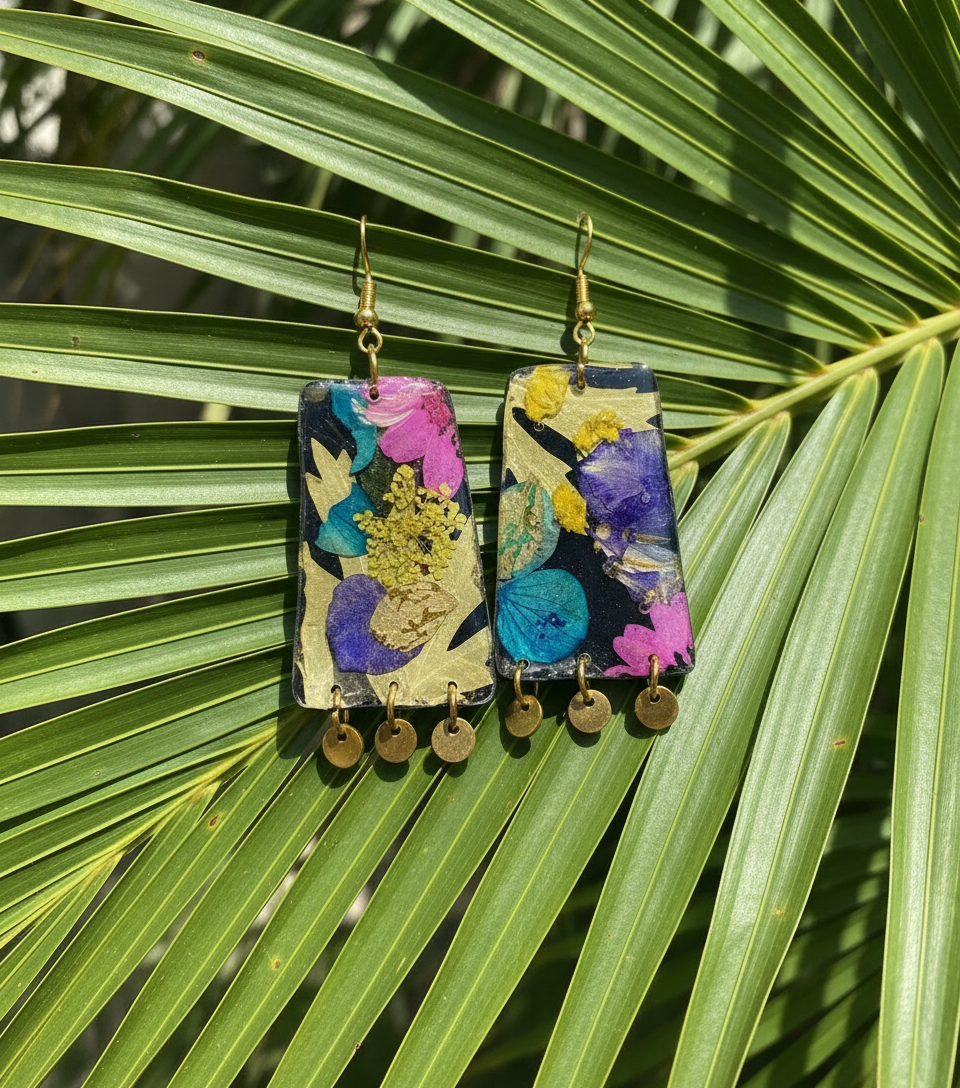 Floral Flower Organic Trapezoid Black Polymer Clay with Brass Discs Fringe