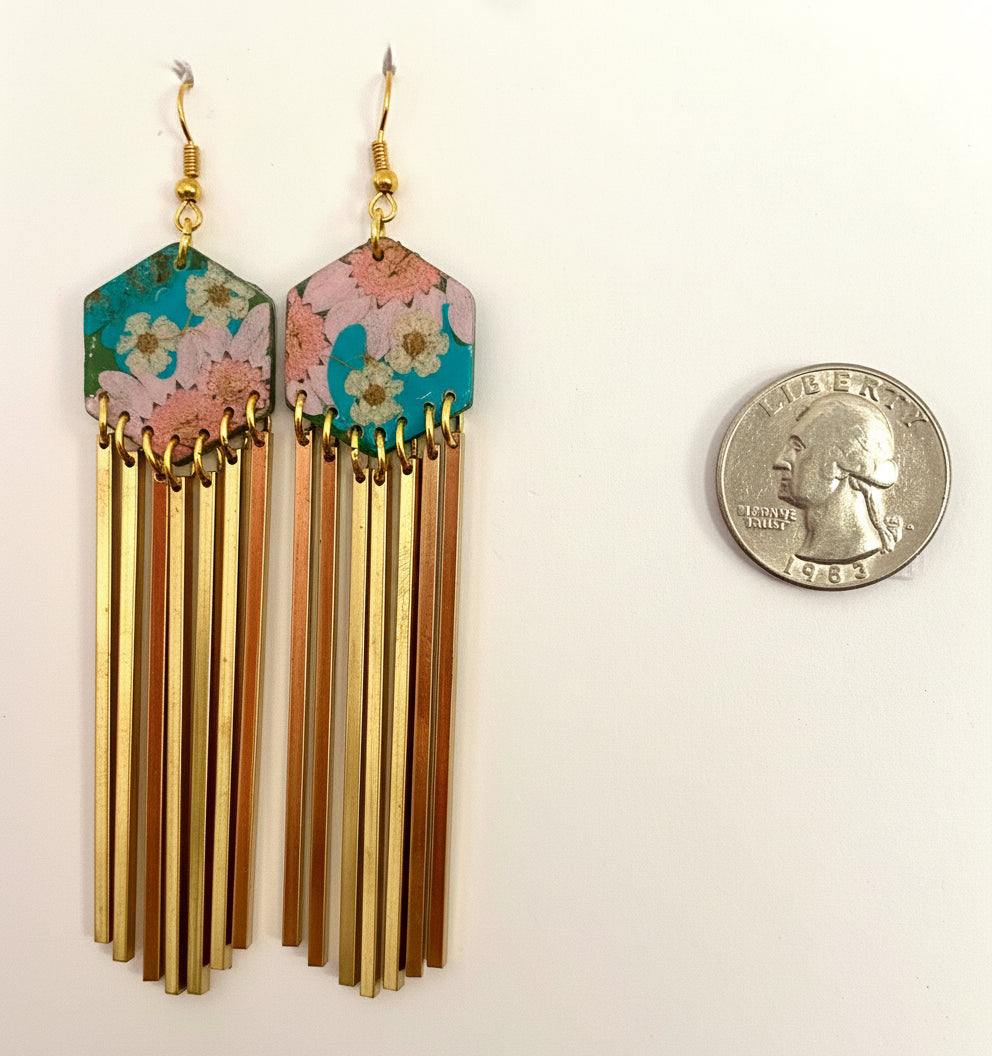 Hexagon polymer clay with brass fringe dangle hardware.