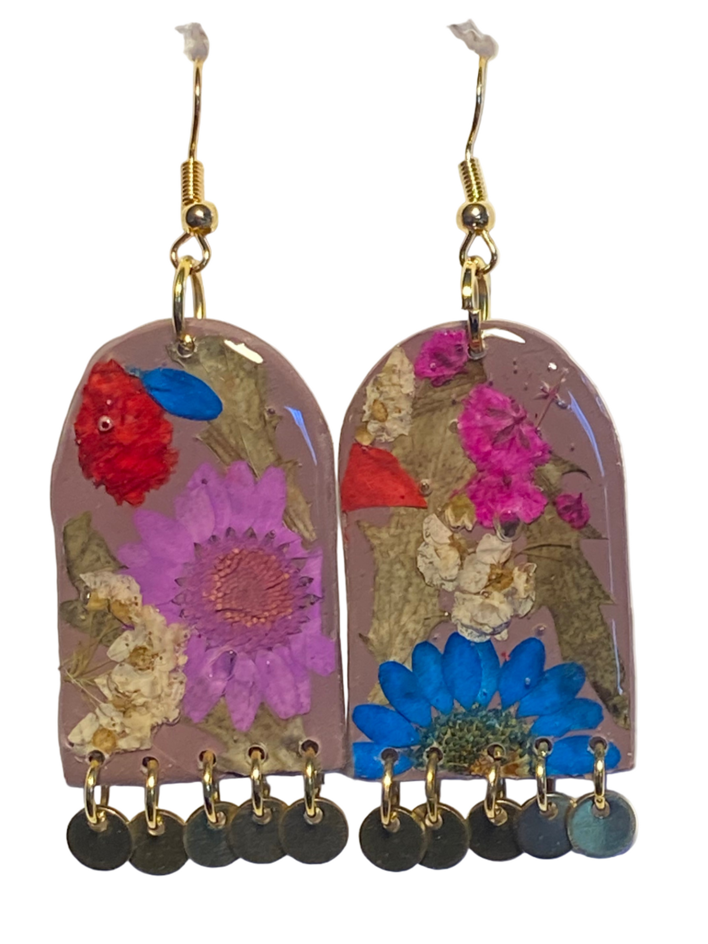 Floral Flower Organic Arch Grey Polymer Clay with Brass Discs Fringe