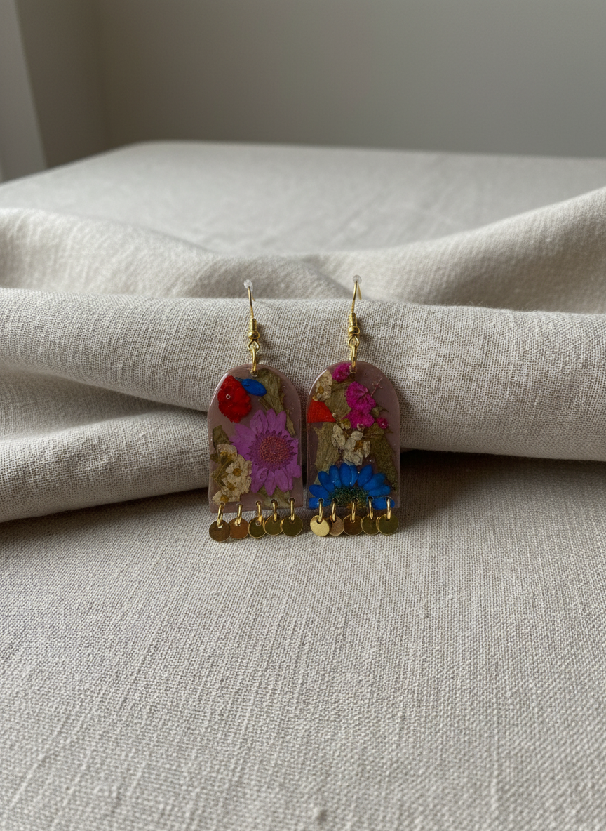 Floral Flower Organic Arch Grey Polymer Clay with Brass Discs Fringe