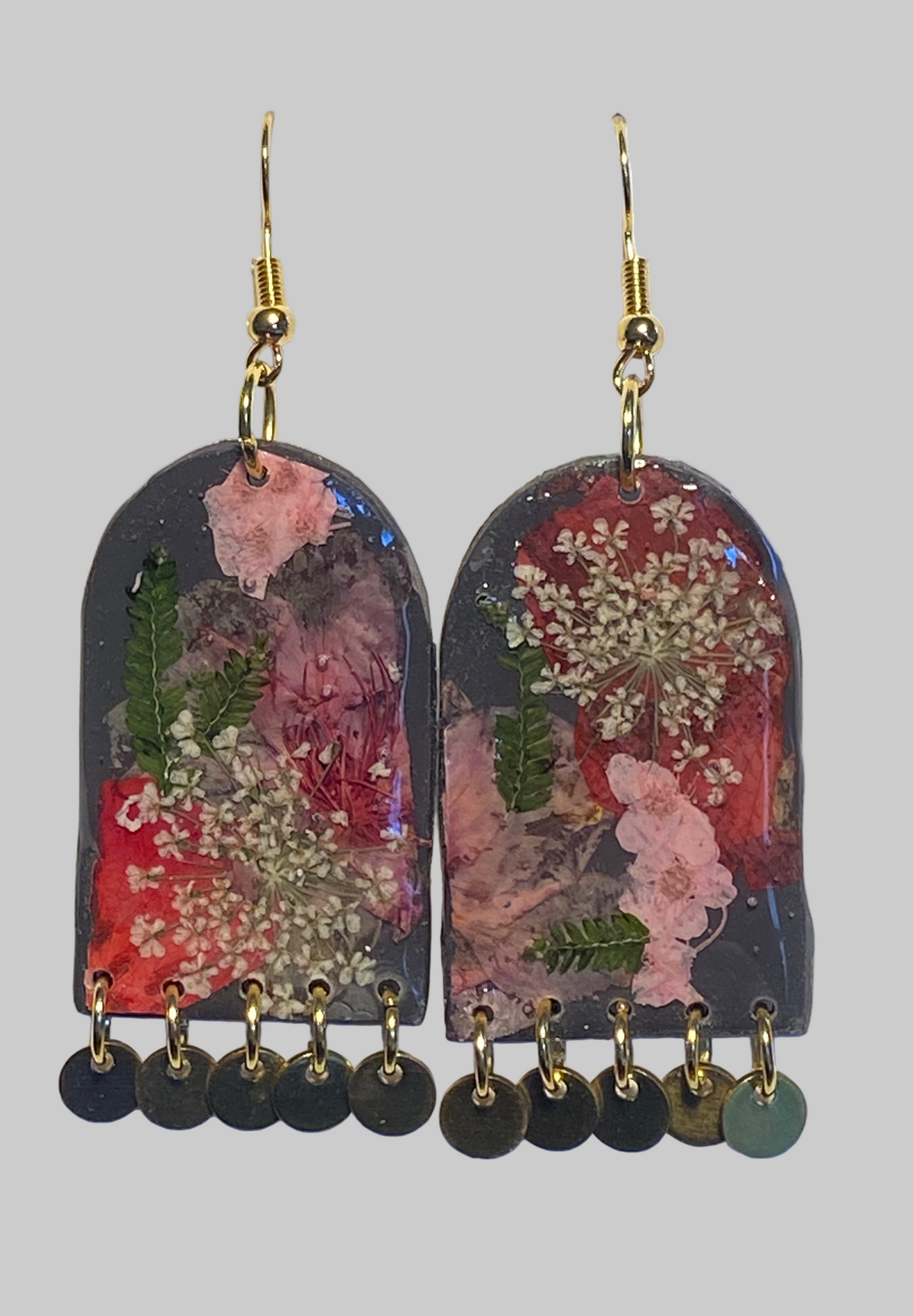 Floral Flower Organic Arch Grey Polymer Clay with Brass Discs Fringe