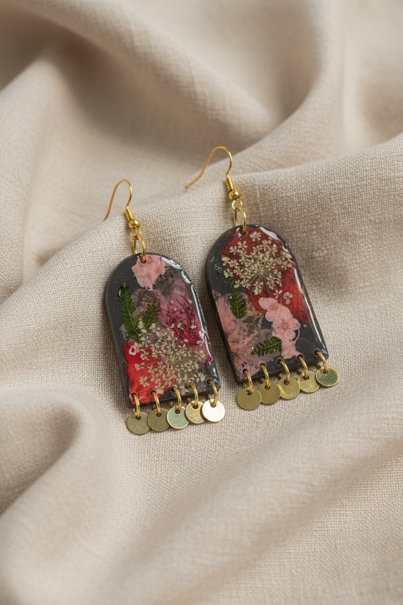 Floral Flower Organic Arch Grey Polymer Clay with Brass Discs Fringe