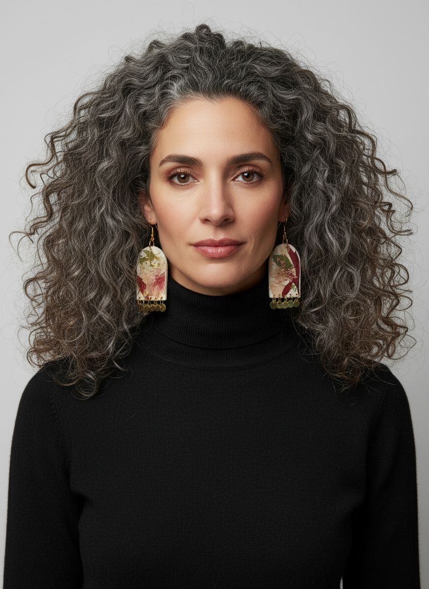 Floral Flower Organic Arch White Polymer Clay with Brass Discs Fringe