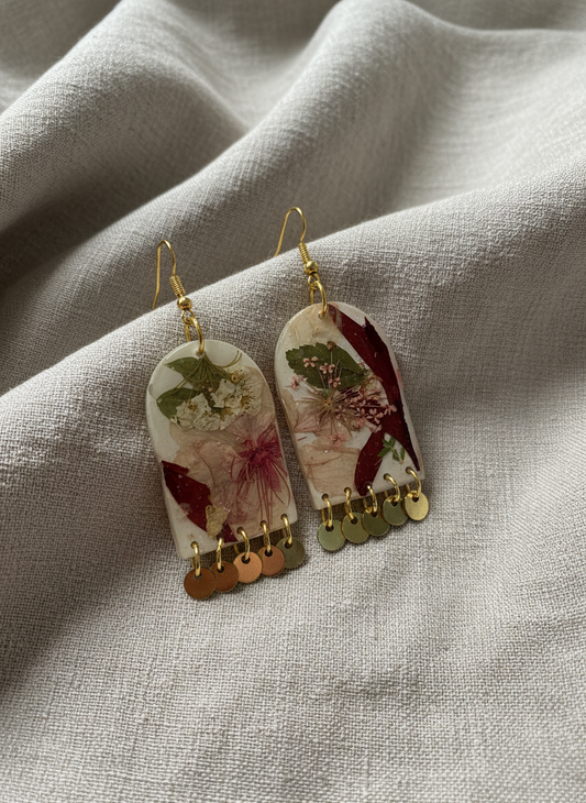 Floral Flower Organic Arch White Polymer Clay with Brass Discs Fringe