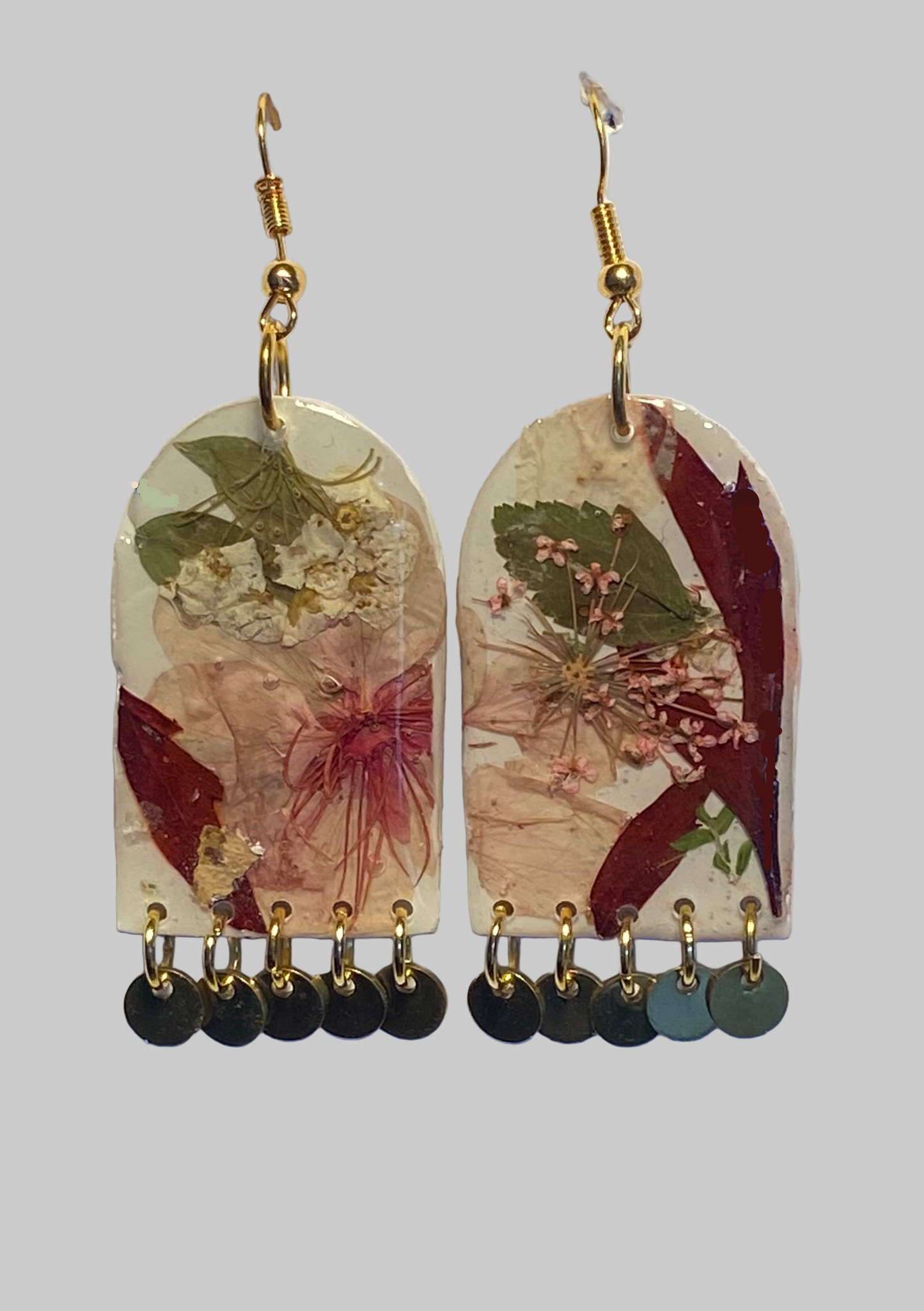 Floral Flower Organic Arch White Polymer Clay with Brass Discs Fringe