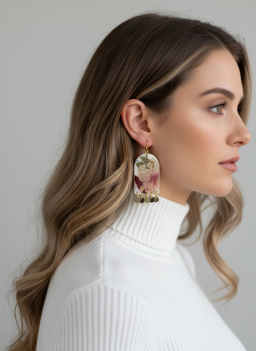 Floral Flower Organic Arch White Polymer Clay with Brass Discs Fringe