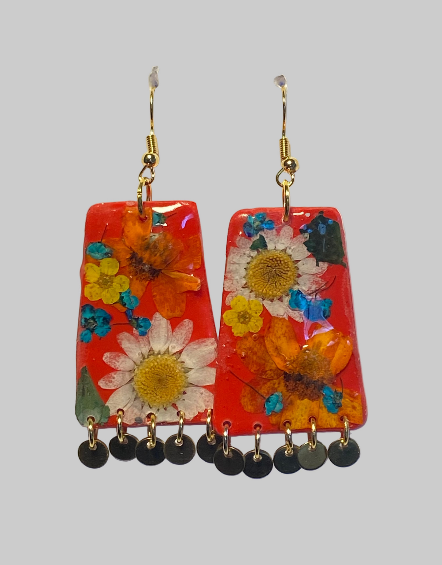 Floral Flower Organic Trapezoid Red Polymer Clay with Brass Discs Fringe