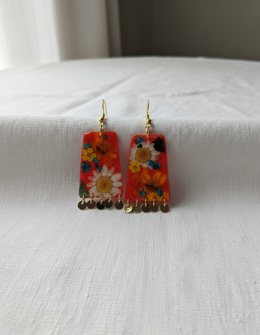 Floral Flower Organic Trapezoid Red Polymer Clay with Brass Discs Fringe