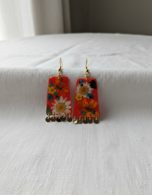 Floral Flower Organic Trapezoid Red Polymer Clay with Brass Discs Fringe