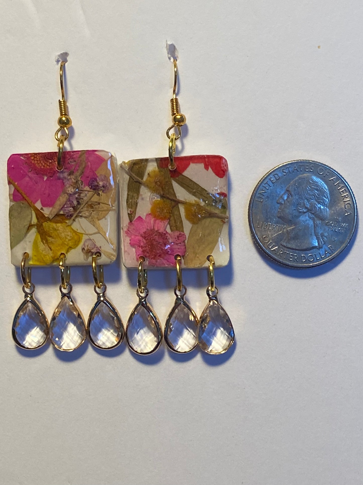 Floral Dangle White Polymer Clay Brass Fringe Earrings