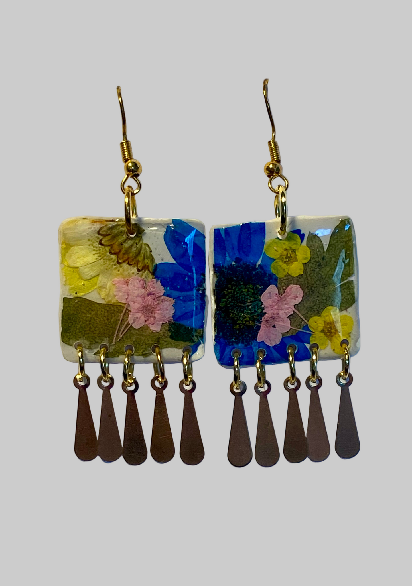 Floral Dangle White Polymer Clay Brass Fringe Earrings