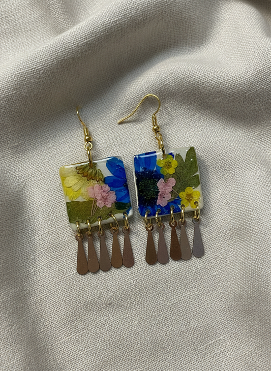 Floral Dangle White Polymer Clay Brass Fringe Earrings