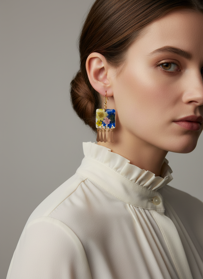 Floral Dangle White Polymer Clay Brass Fringe Earrings