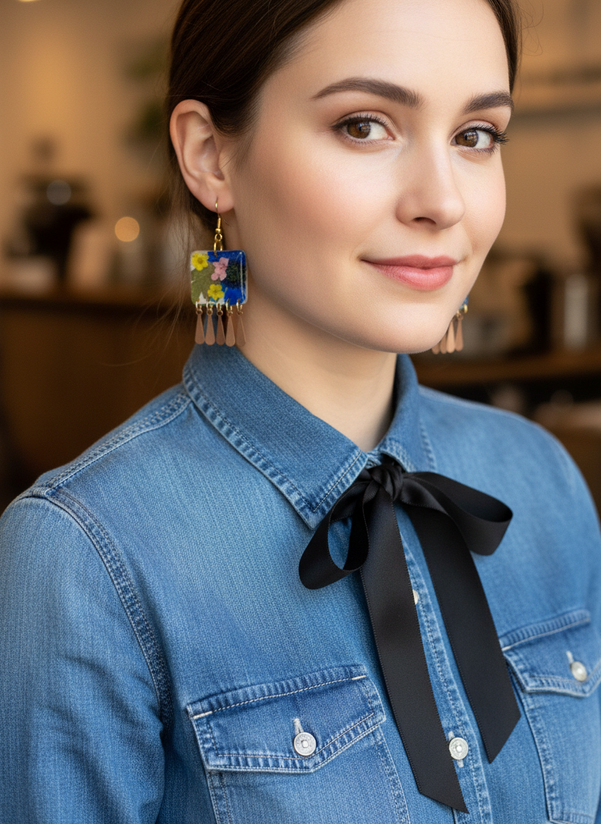 Floral Dangle White Polymer Clay Brass Fringe Earrings
