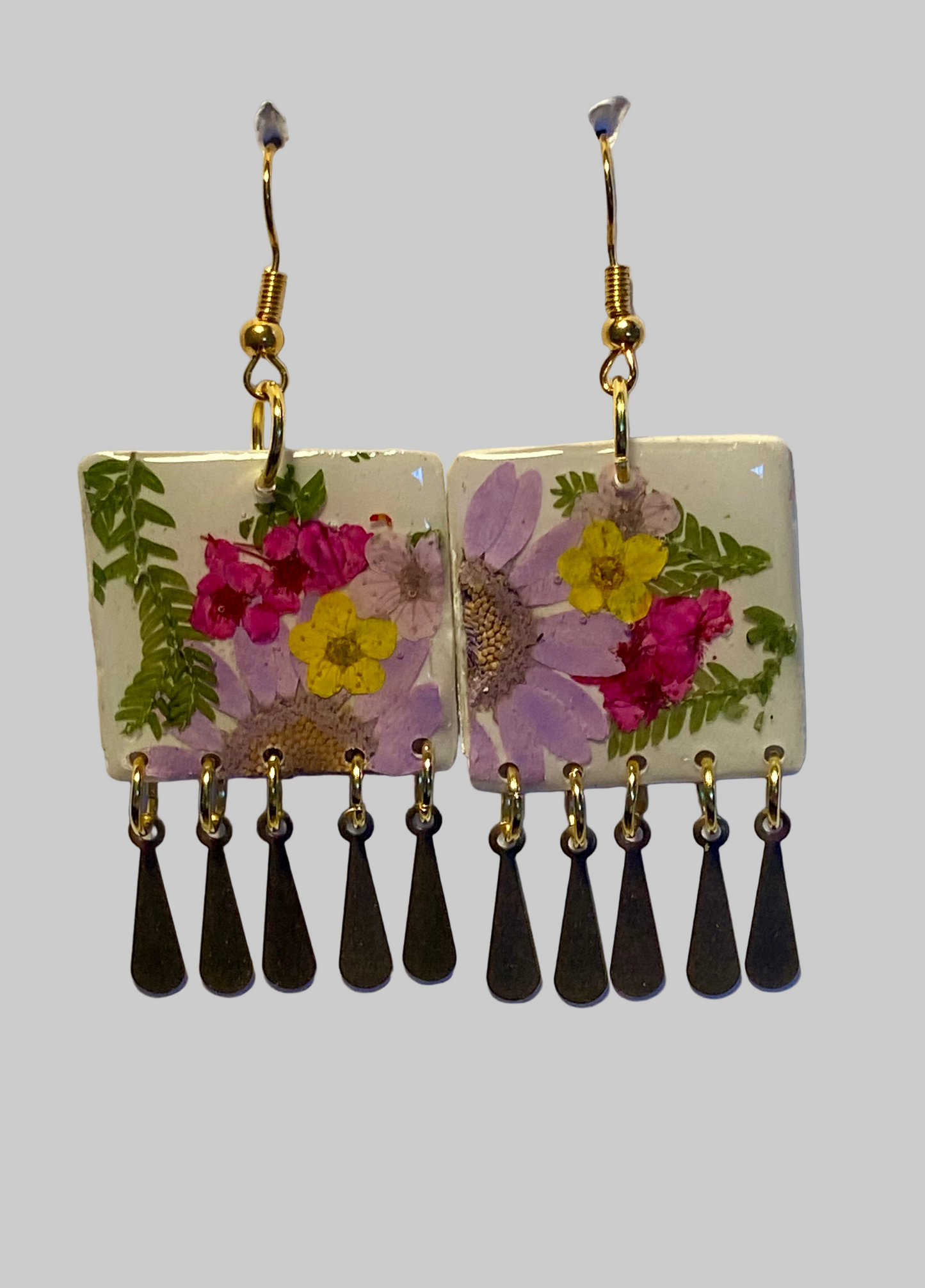 Floral Dangle White Polymer Clay Brass Fringe Earrings