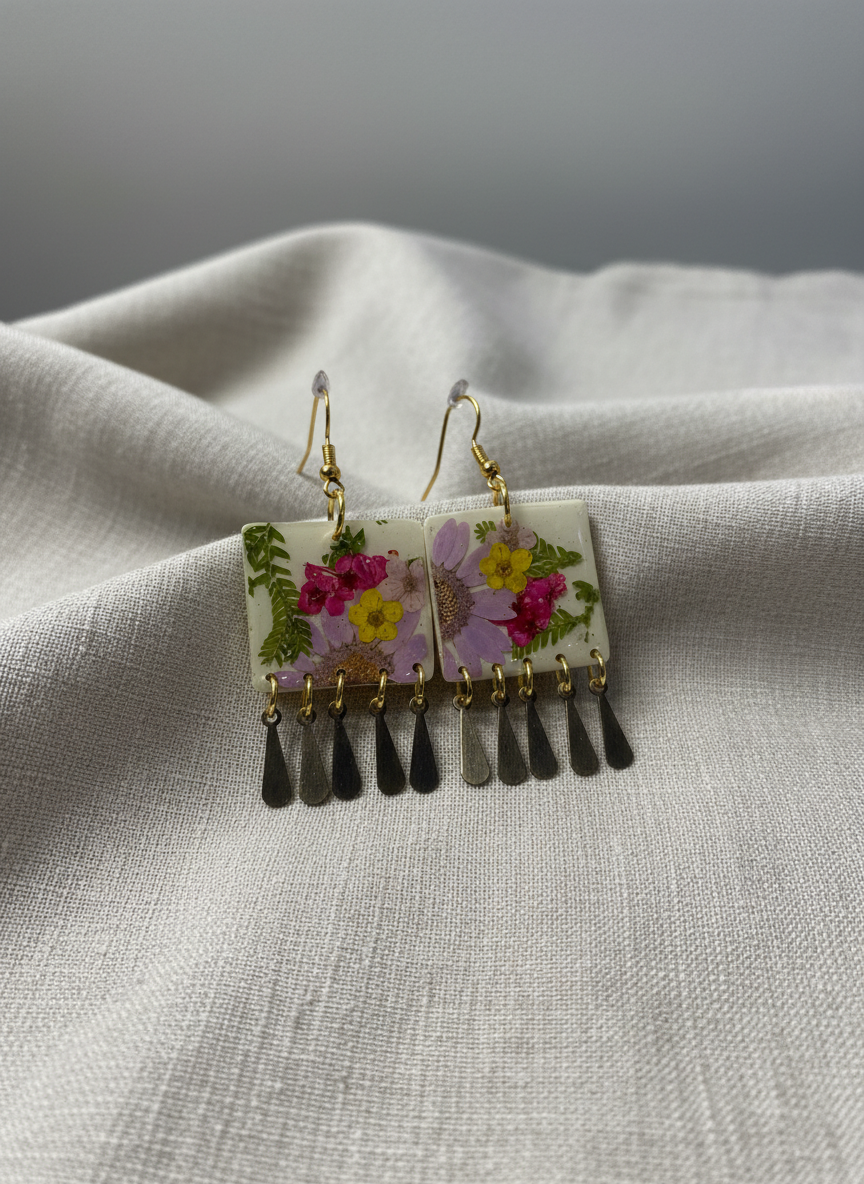 Floral Dangle White Polymer Clay Brass Fringe Earrings