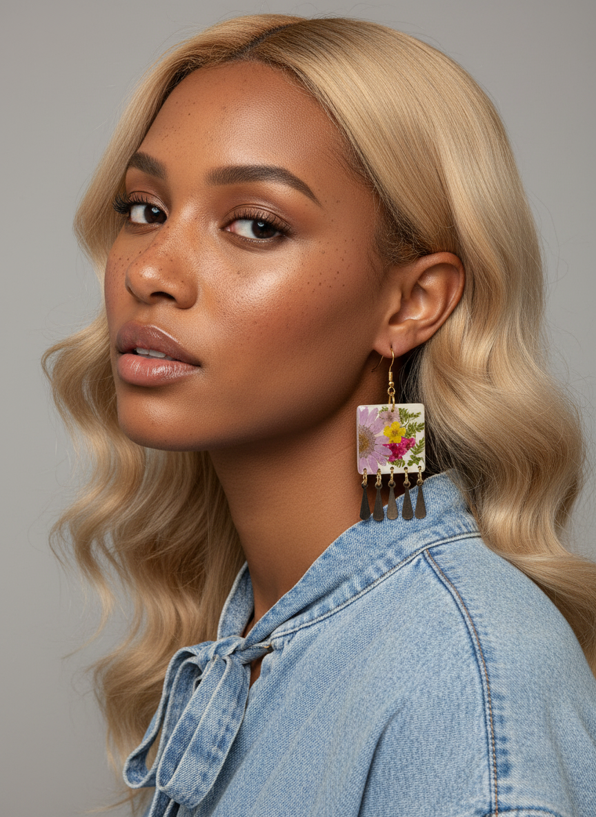 Floral Dangle White Polymer Clay Brass Fringe Earrings
