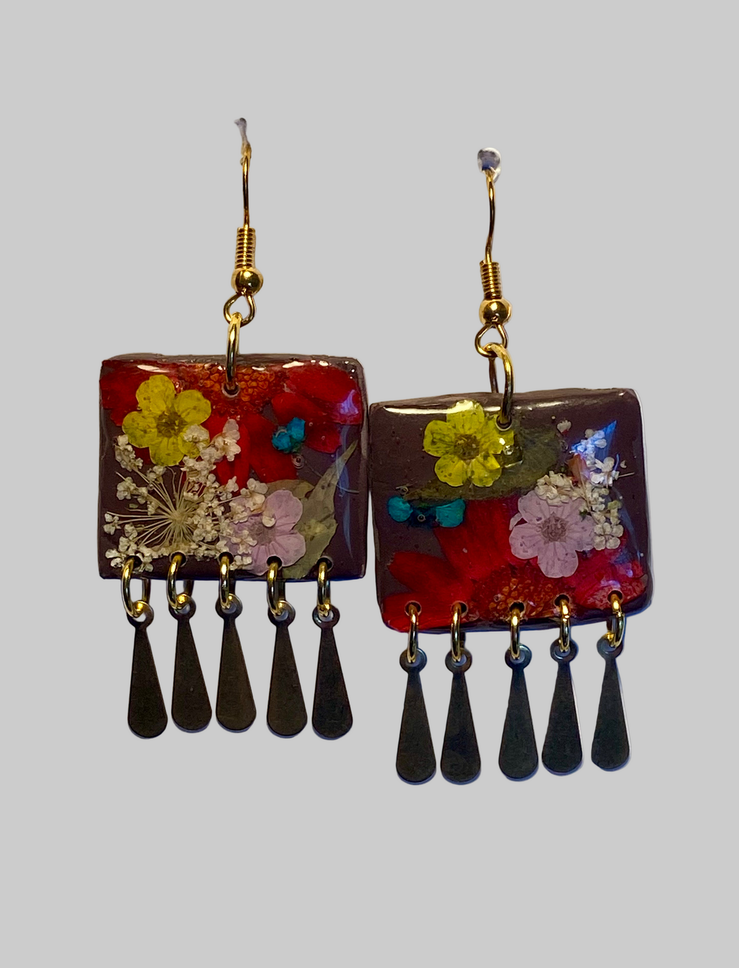Floral Dangle Brown Polymer Clay Brass Fringe Earrings