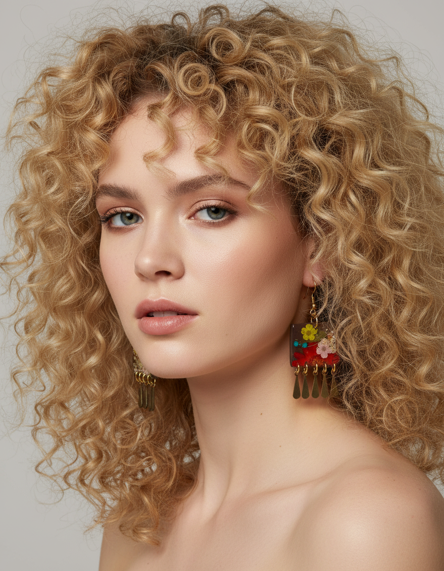 Floral Dangle Brown Polymer Clay Brass Fringe Earrings