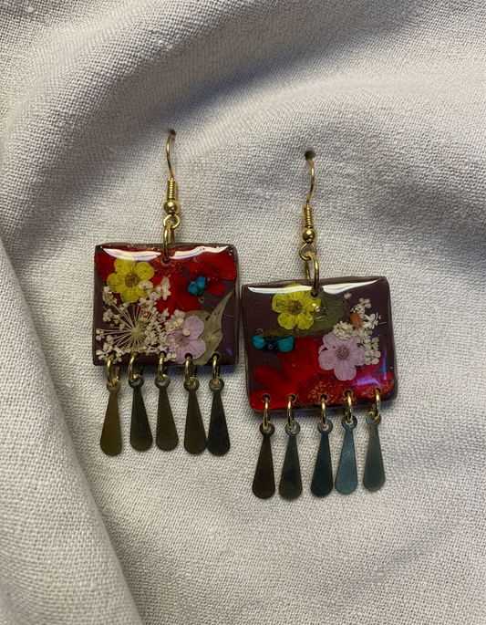 Floral Dangle Brown Polymer Clay Brass Fringe Earrings